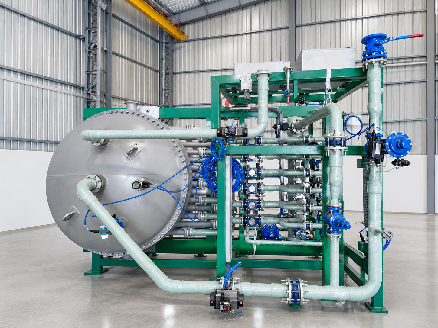 Skid-mounted FUNDABAC® candle filter for viscose spin bath filtration, front view of the automated valves and piping